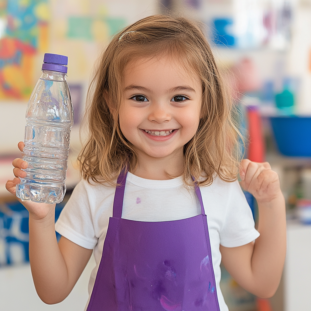 Adorable girl in white shirt and purple apron.