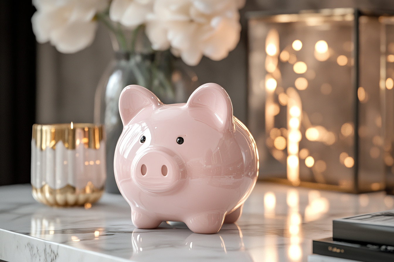 Adorable pink piggy bank on marble surface