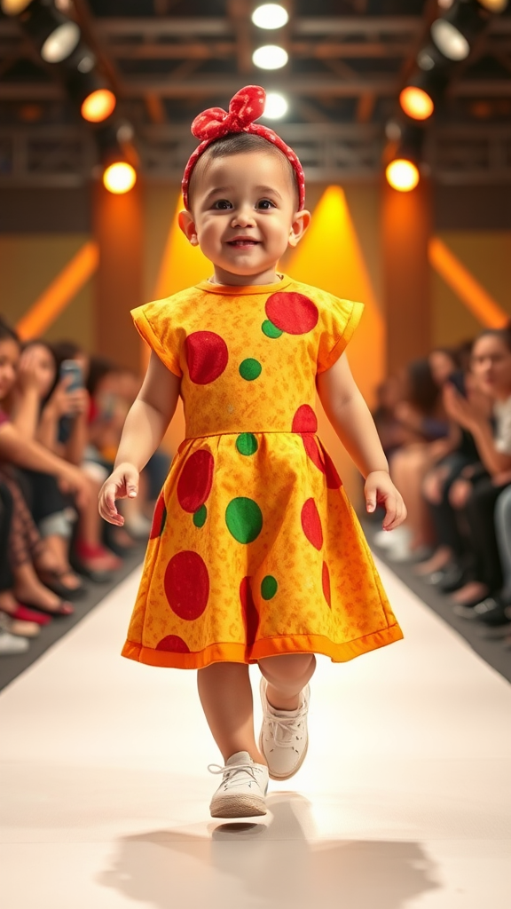 Adorable pizza baby struts on festive runway.