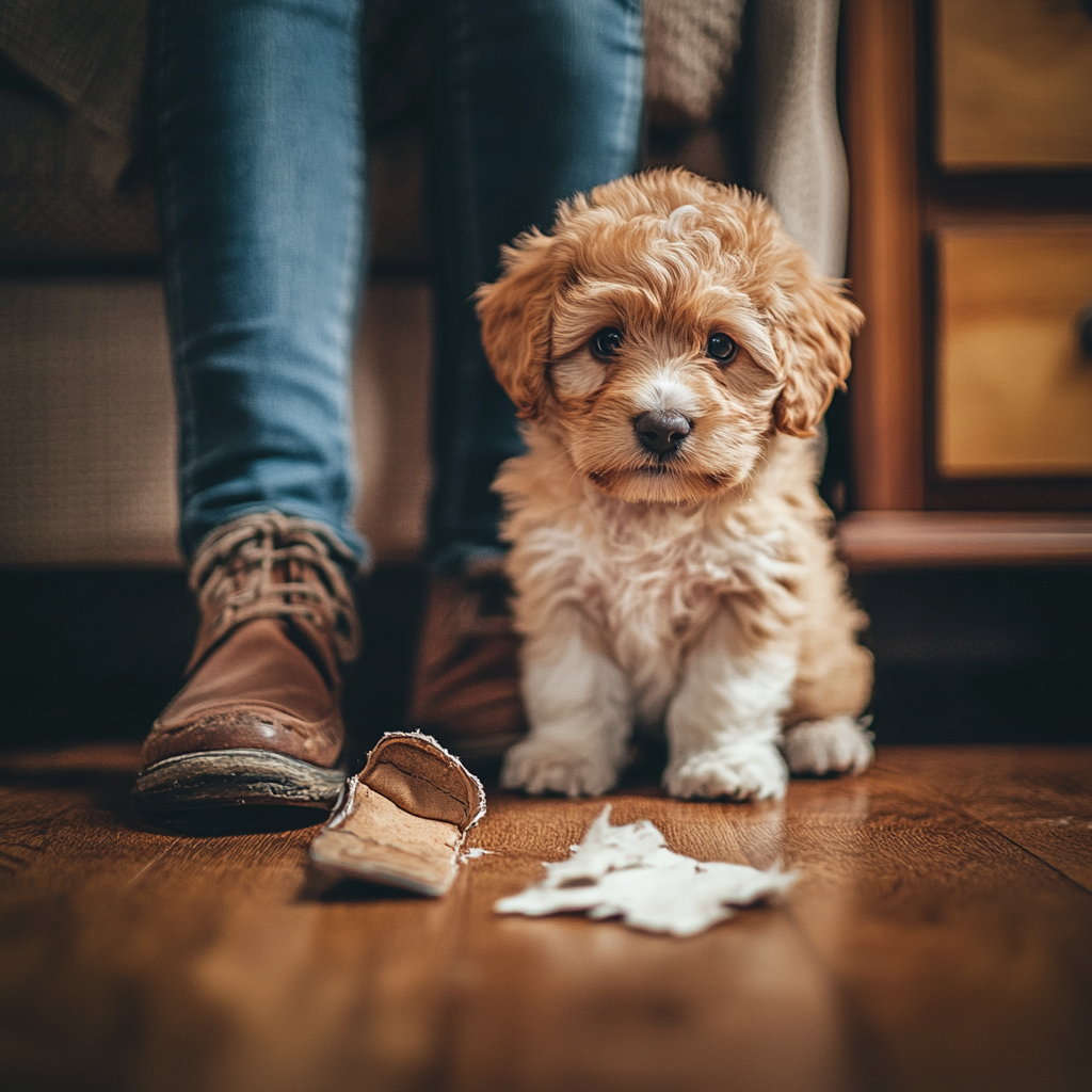 Adorable puppy with owner, torn shoe nearby, indoors shot.