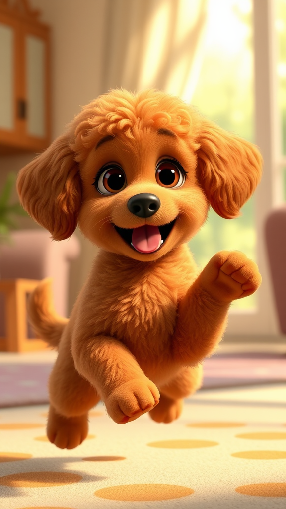 Adorable red Cavapoo in playful Pixar-style animation