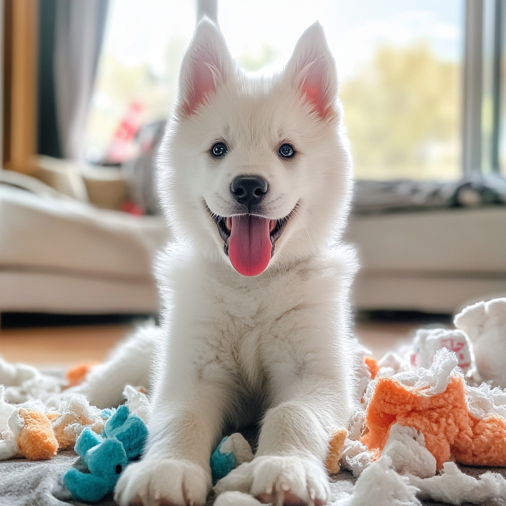 Adorable white husky puppy sitting with torn toys.