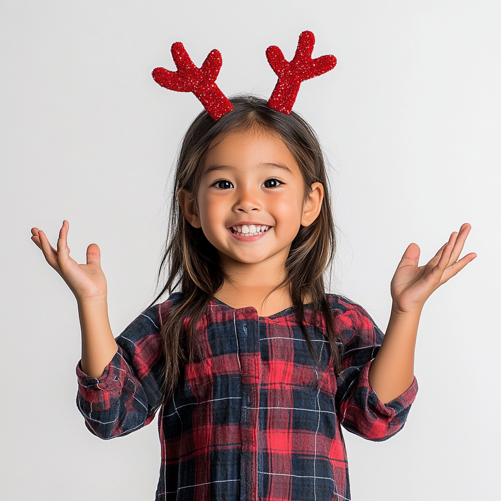 Adorable young girl with reindeer antlers and red nose