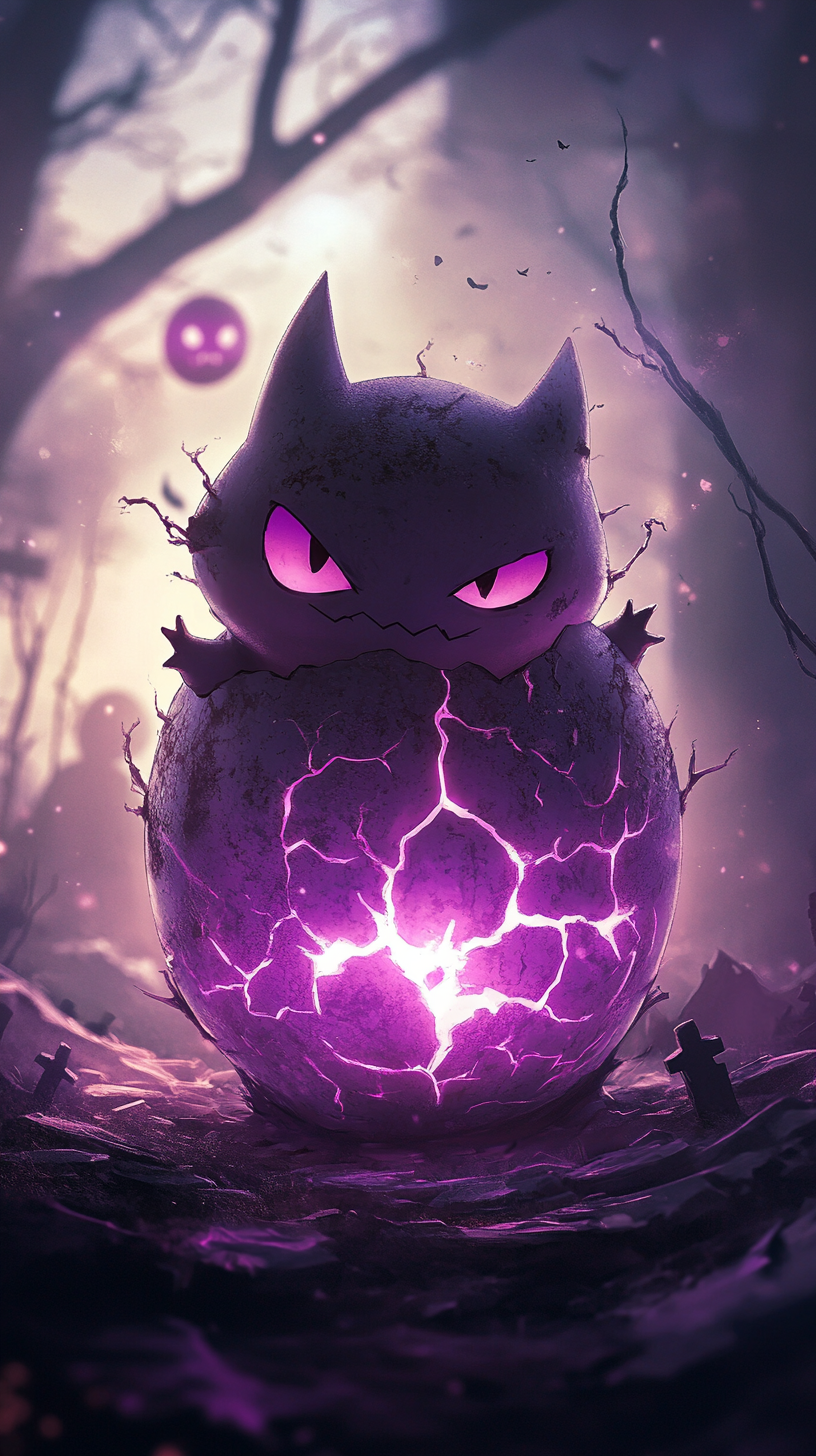 Adorably mischievous baby Gengar emerging from glowing egg.