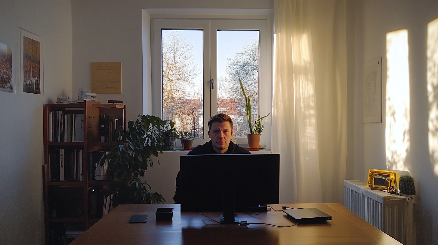 Adult Man Working on Computer in Morning Light