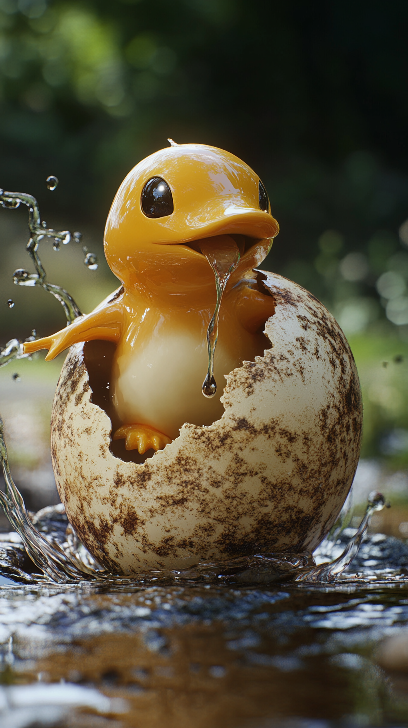 Adult Psyduck Pokémon hatching from egg with liquid drip.