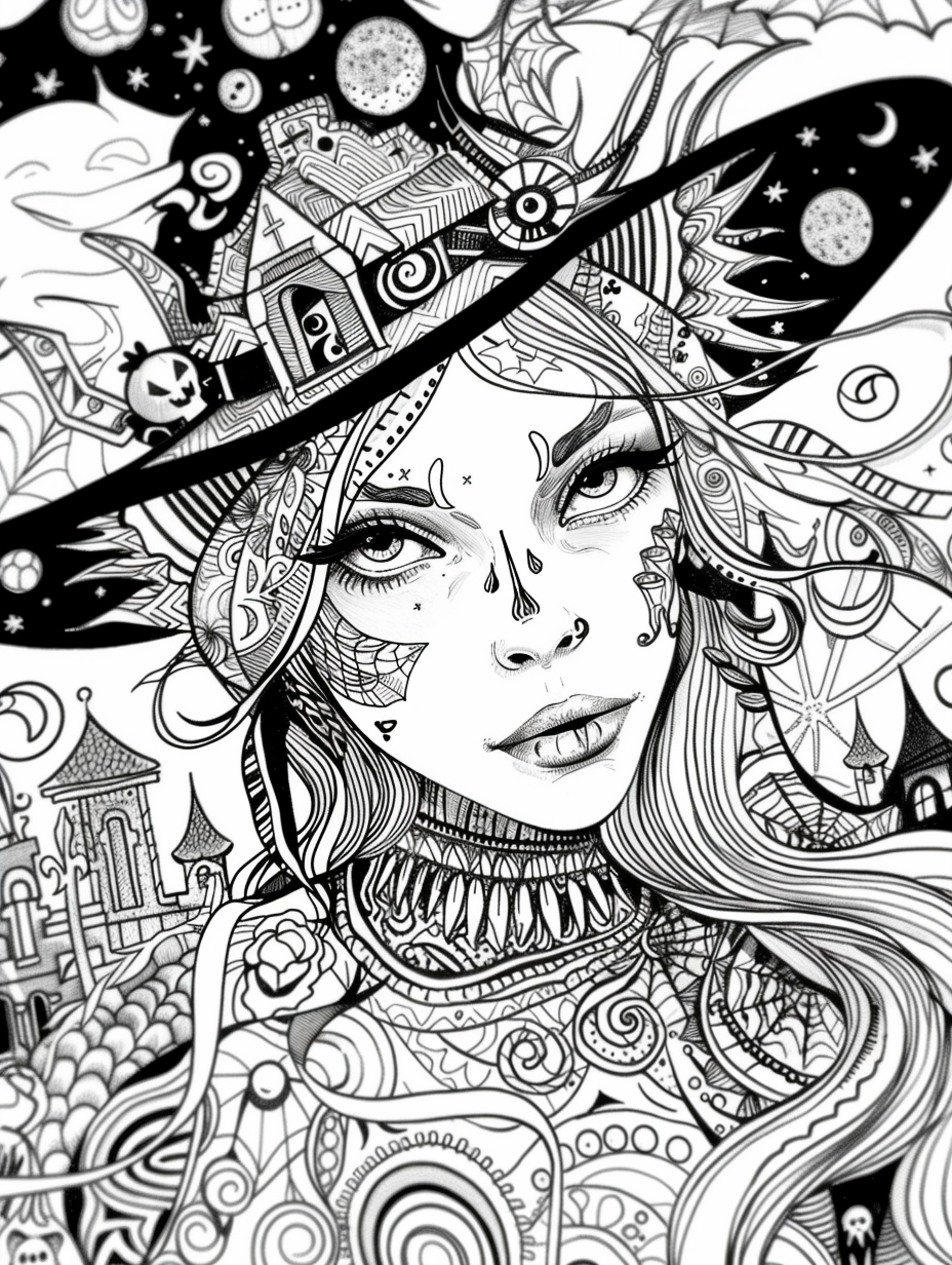 Adult coloring book page: gothic girl, Halloween scene.