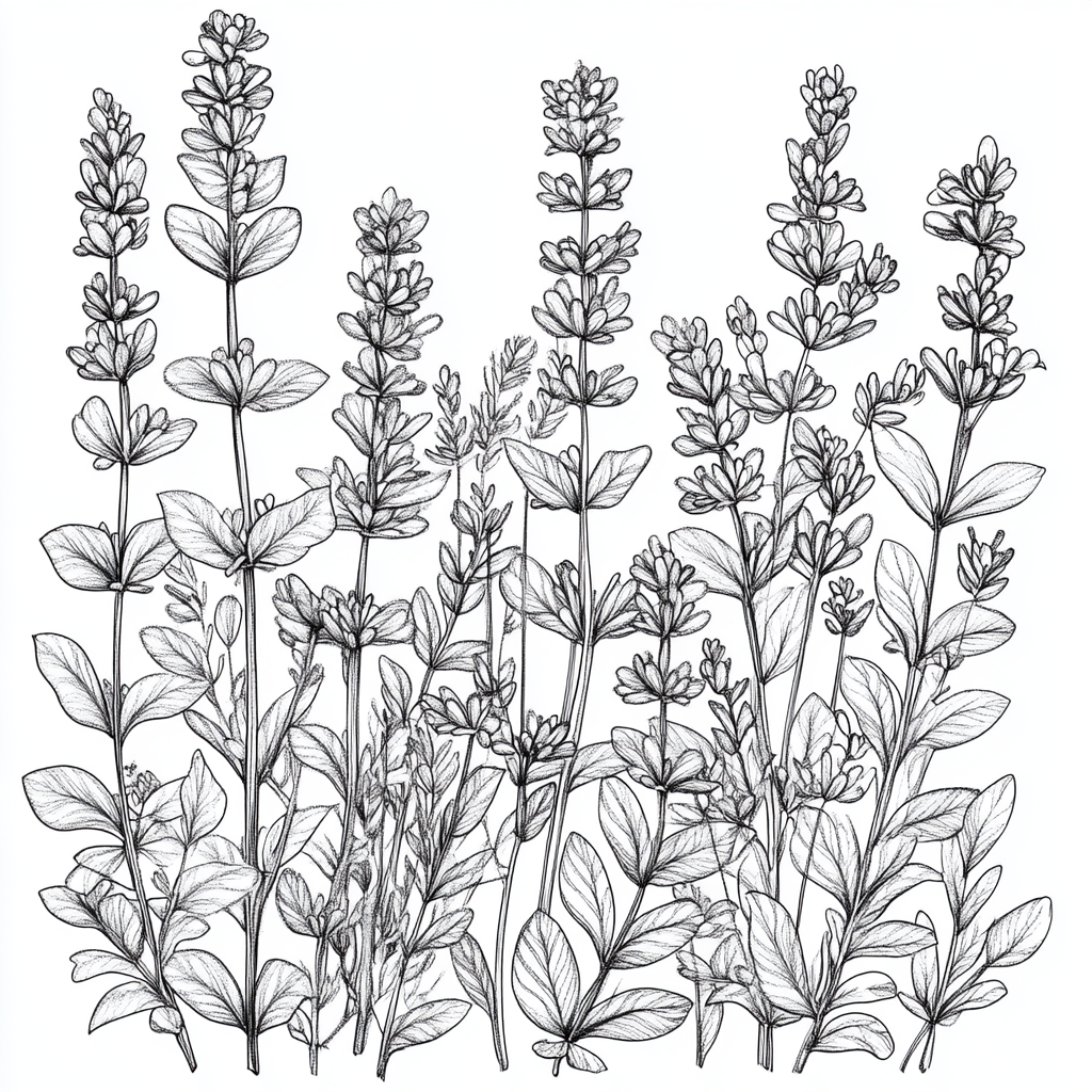 Adult coloring book with detailed line drawings of plants