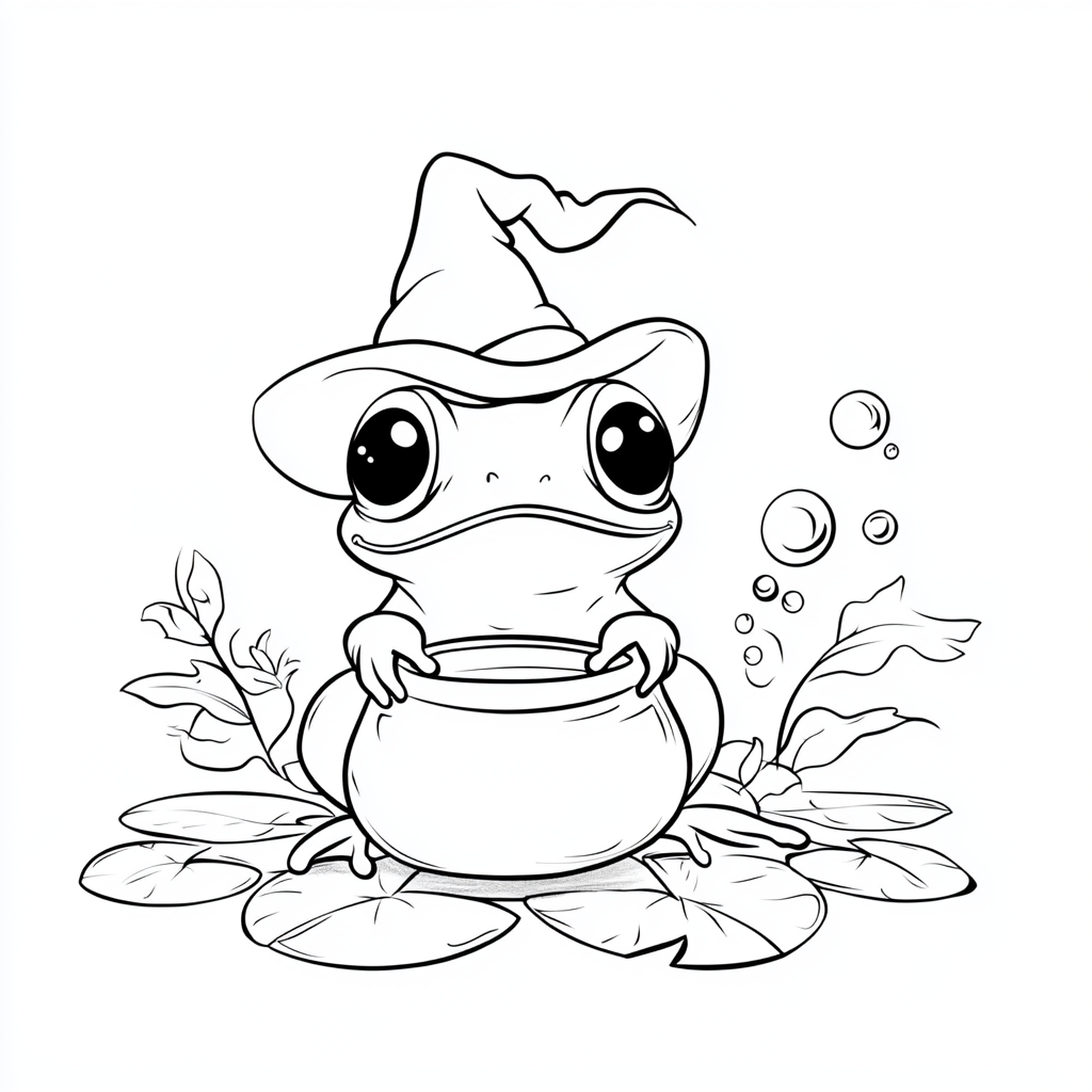 Adult coloring page with frog in witch's hat.