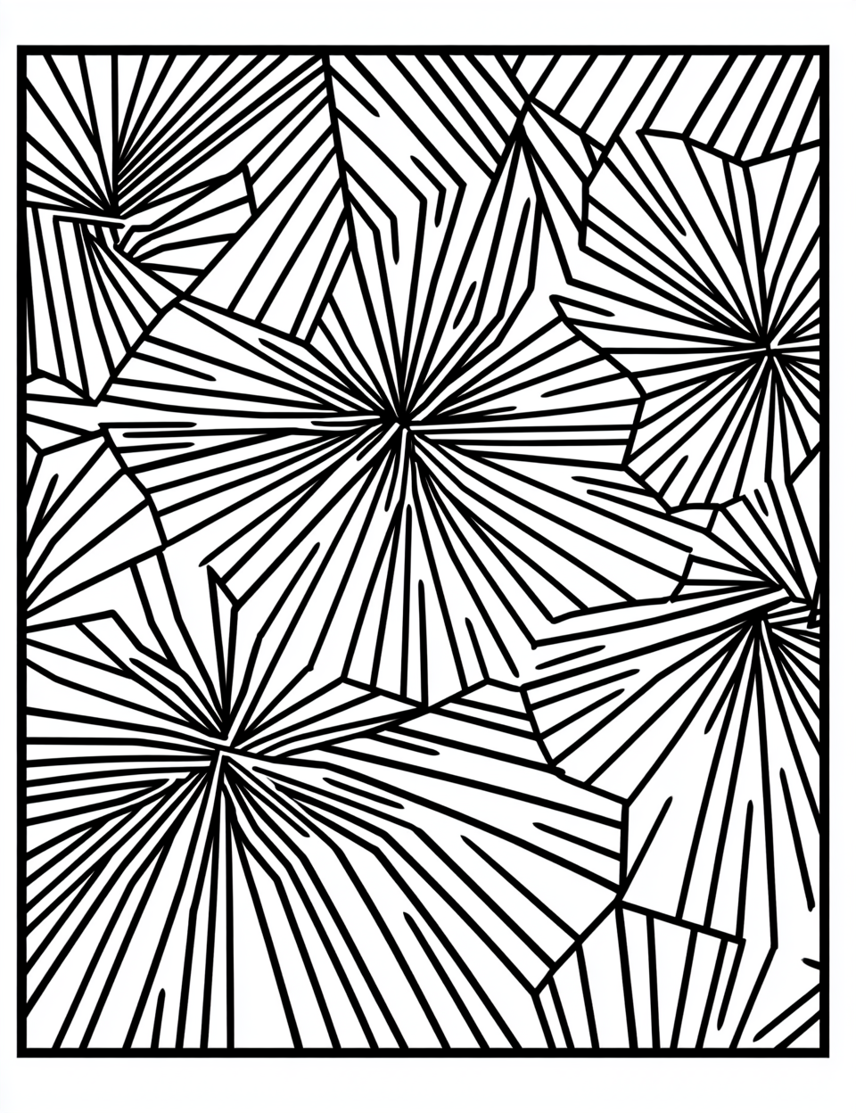 Adult coloring page with symmetrical intricate geometric shapes.