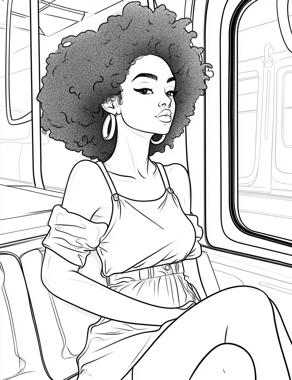 Adult coloring page: girl with Afro hair on train.