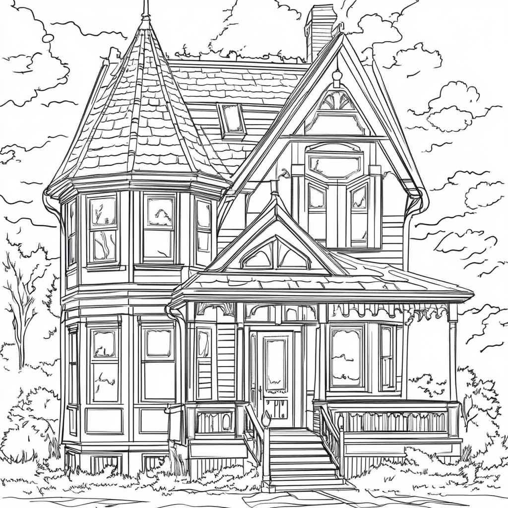 Adult dollhouse coloring book page in top right view.