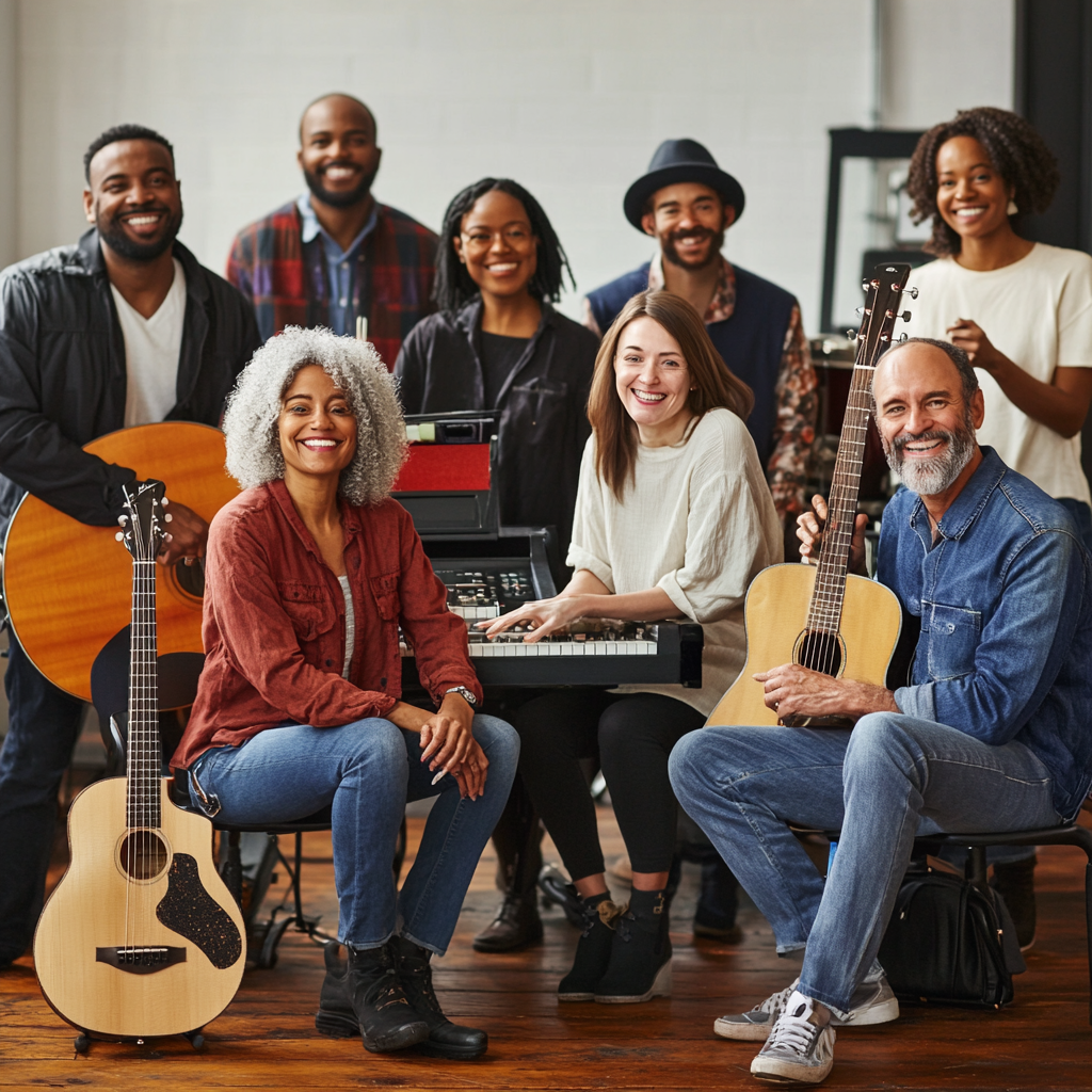 Adult music class in modern studio with instruments, smiling.