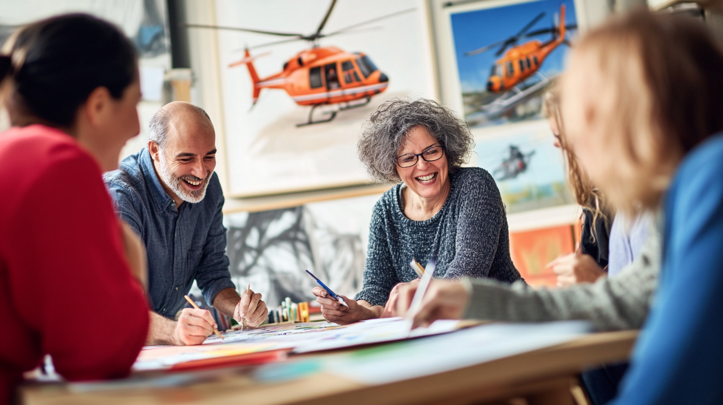 Adults in art room drawing helicopters and smiling.