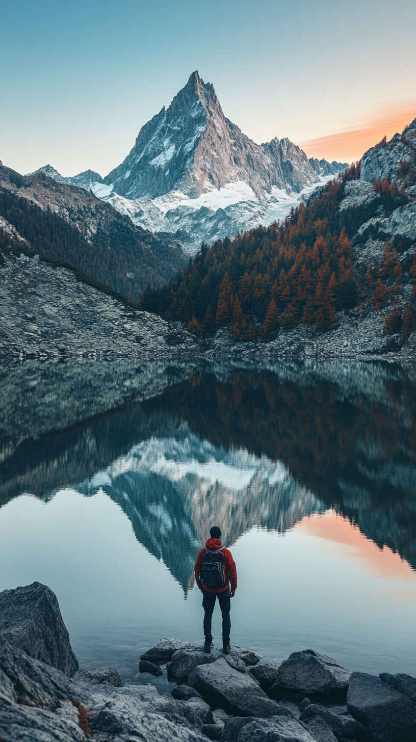 Adventurer admiring mountains reflected in crystal-clear lake. Sky's colors.