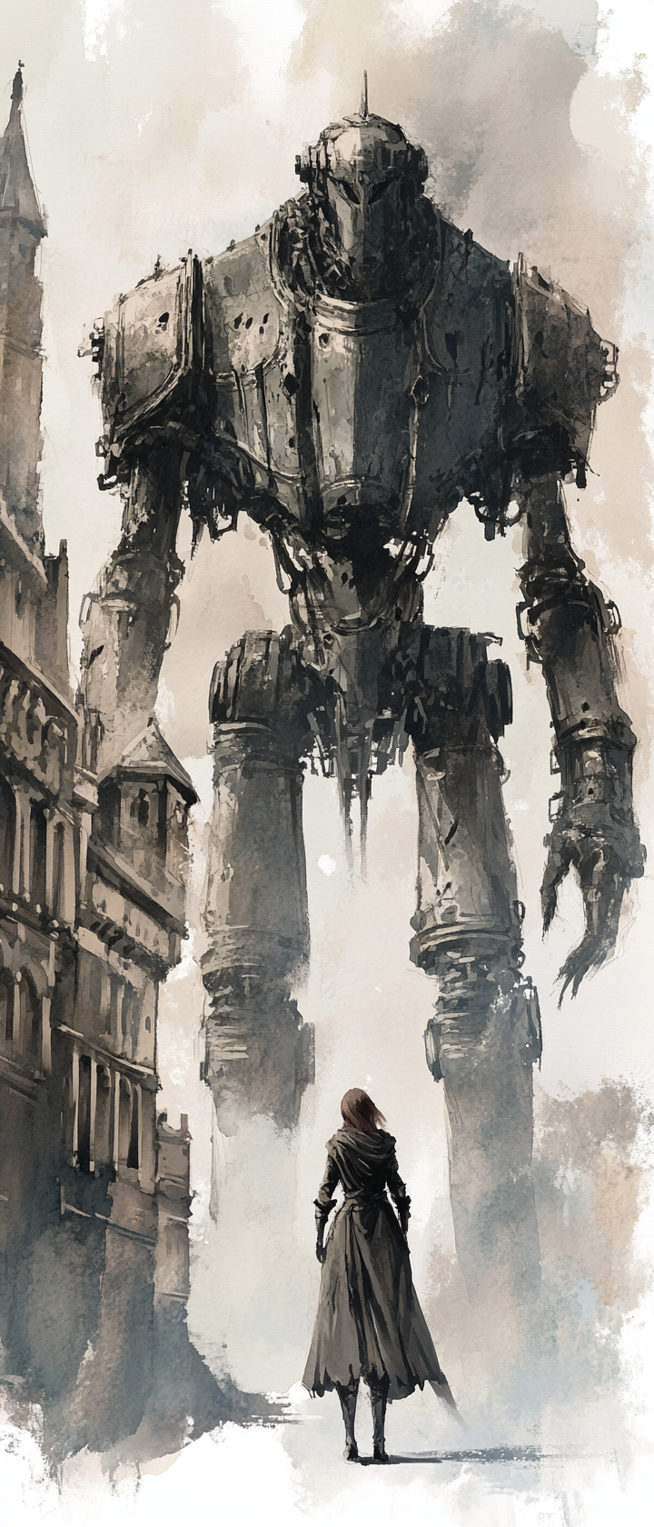 Adventurer and golem in eerie watercolor cityscape setting.