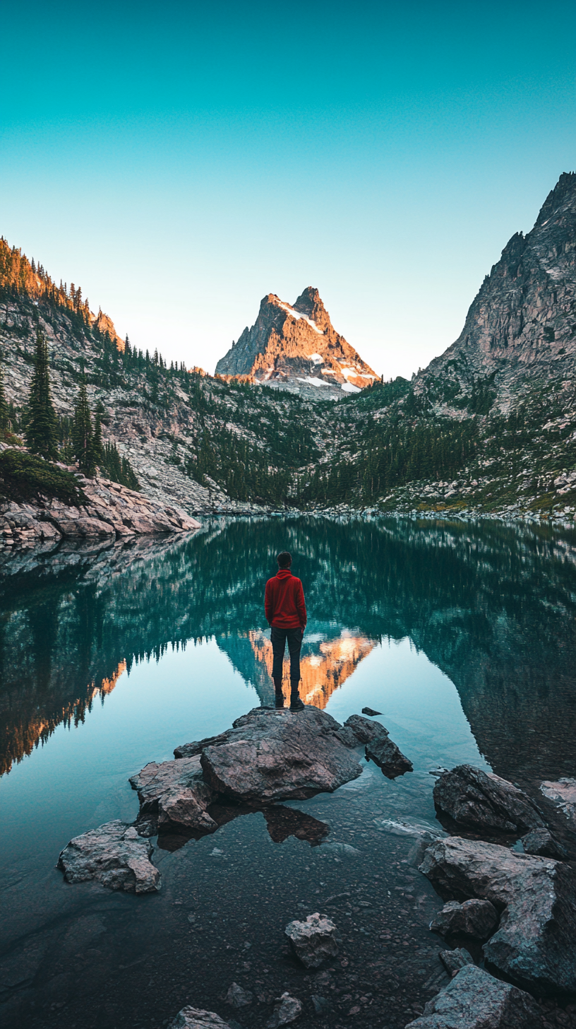 Adventurer gazes at mountain reflection in serene lake.