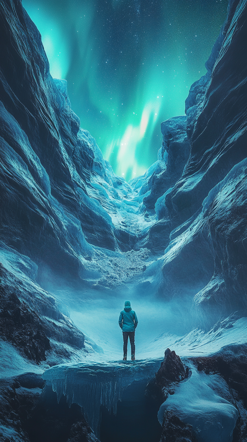 Adventurer in bright jacket on glacier edge at night.