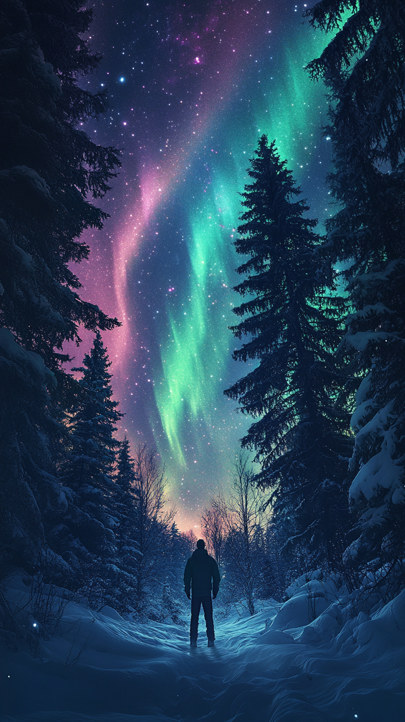 Adventurer in snowy forest admiring shimmering northern lights.