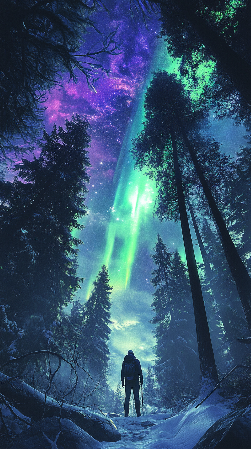 Adventurer mesmerized by vibrant northern lights in snowy forest.