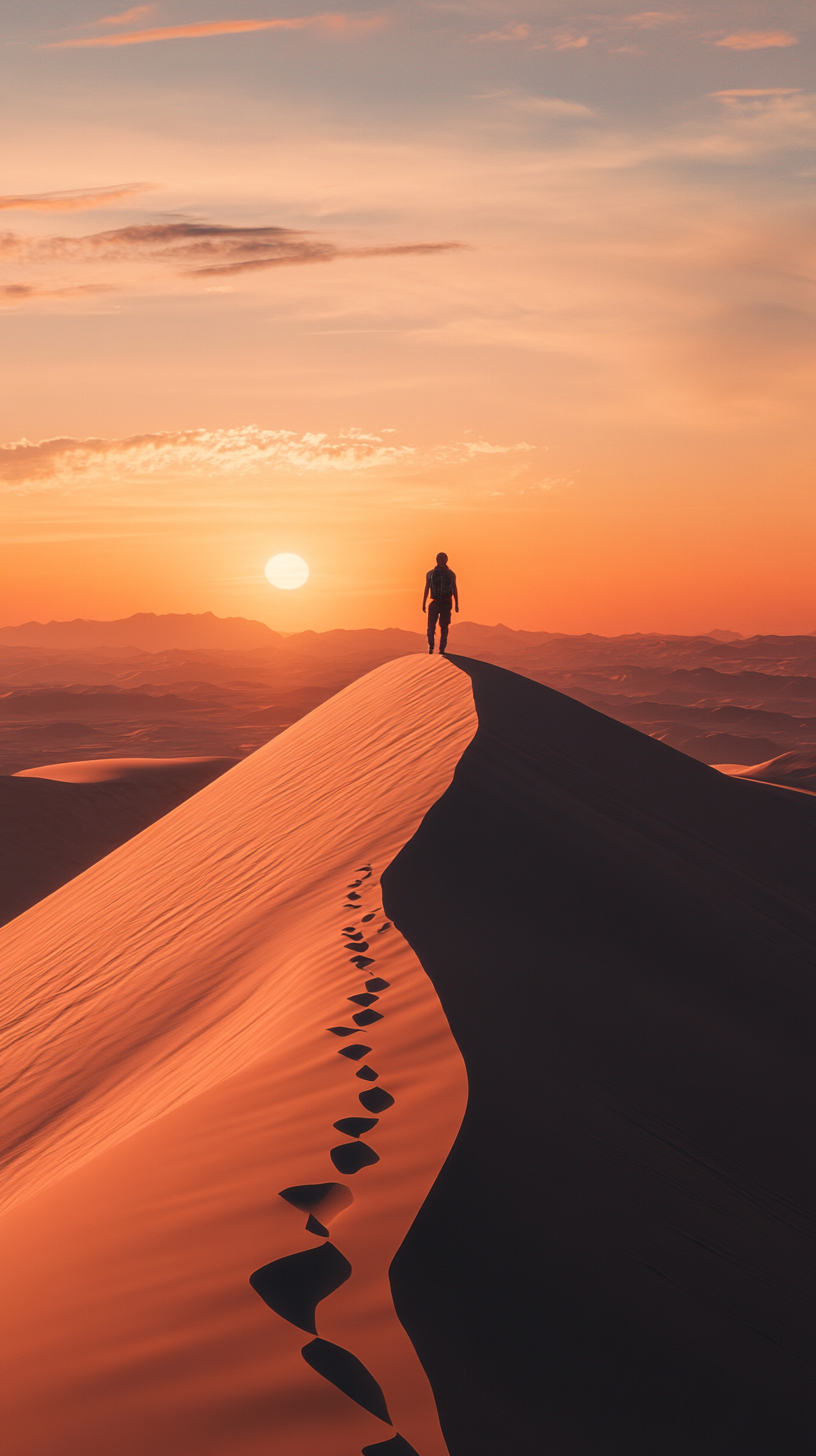 Adventurer on high sand dune at sunset, shadow casting.