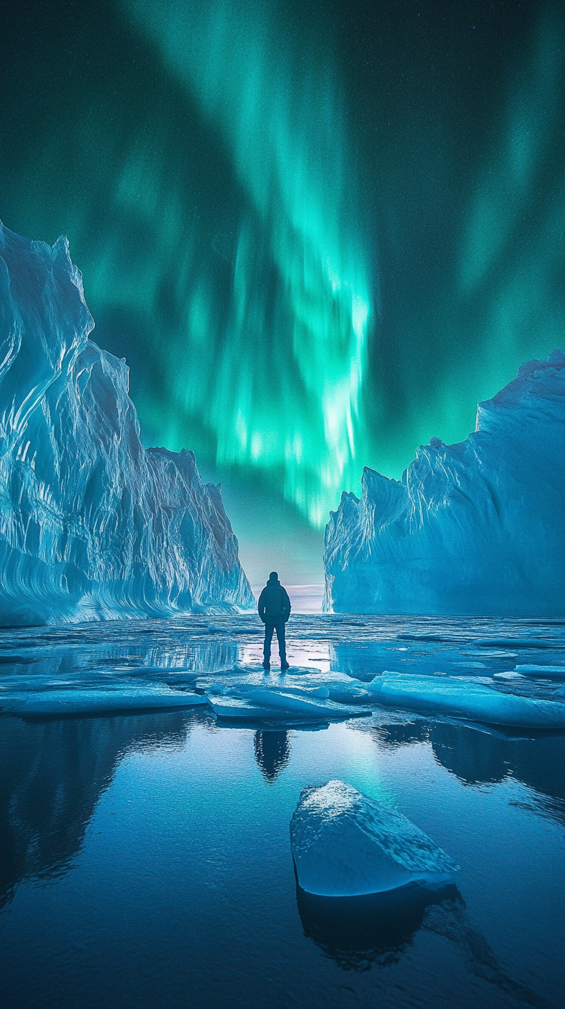 Adventurer on ice floe, northern lights illuminate majestic landscape.