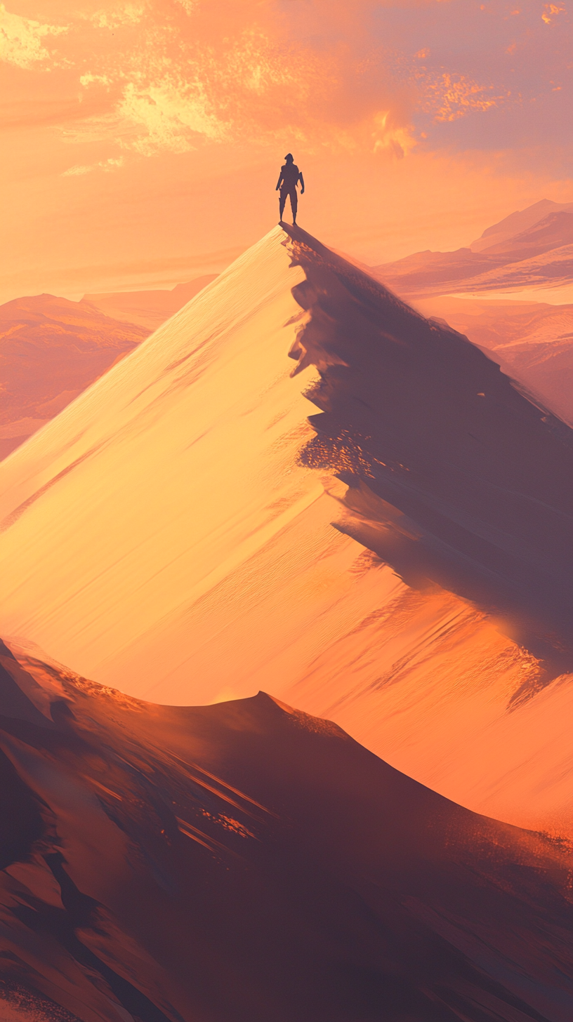 Adventurer on tall dune in golden desert sunset.