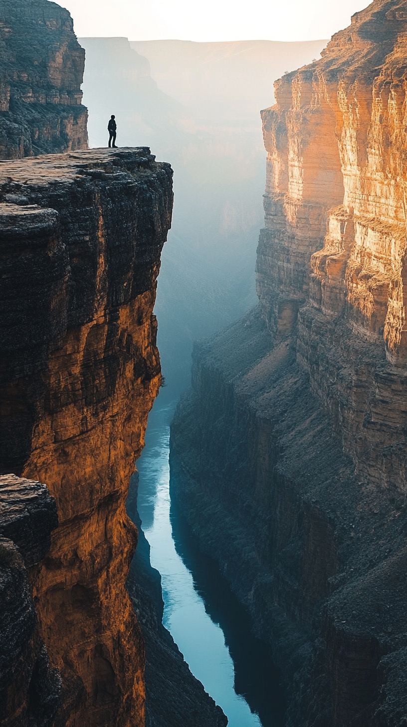 Adventurer overlooking canyon, river under golden sunset light.