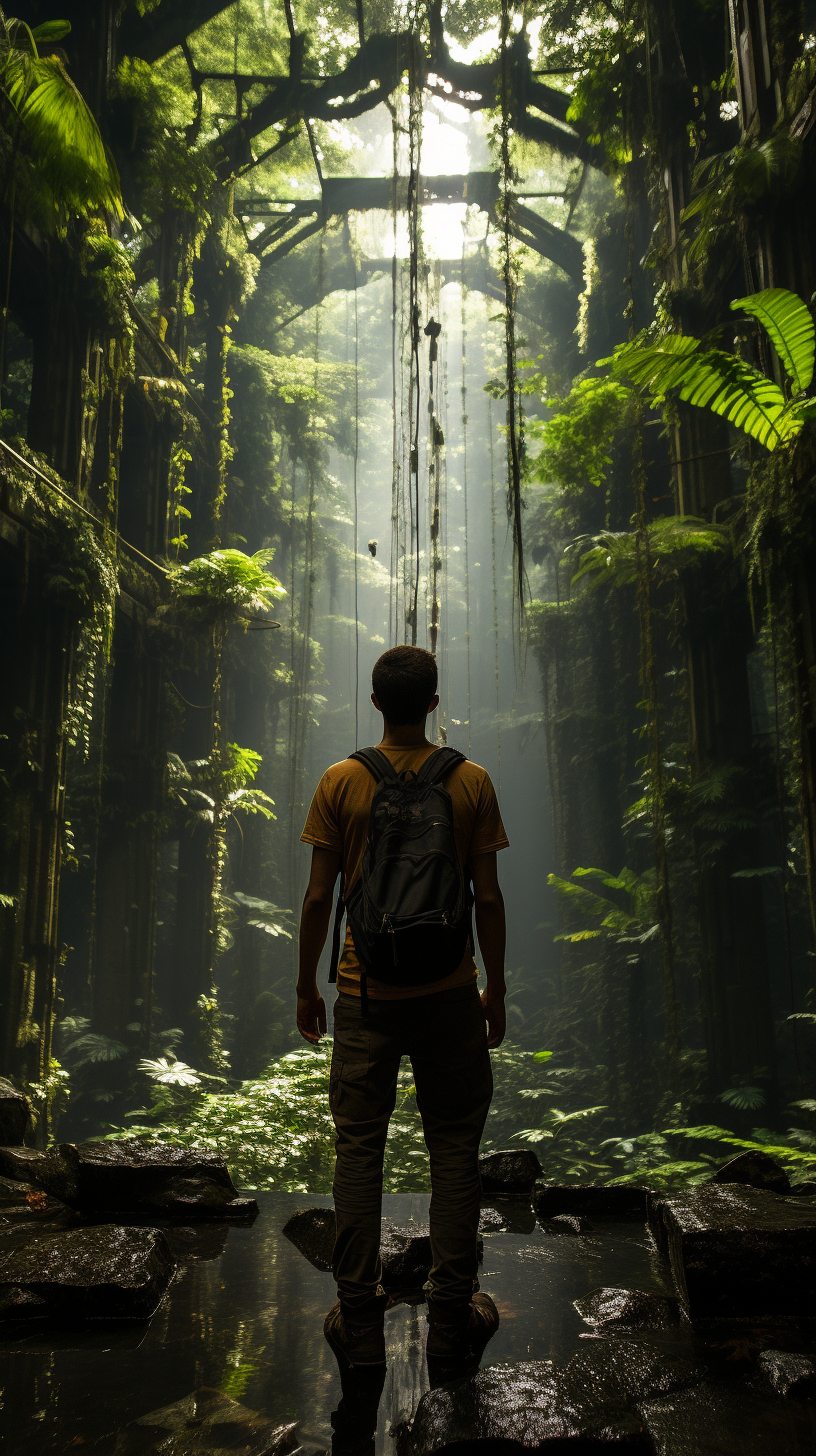 Adventurer overlooking lush rainforest with towering trees and waterfalls.