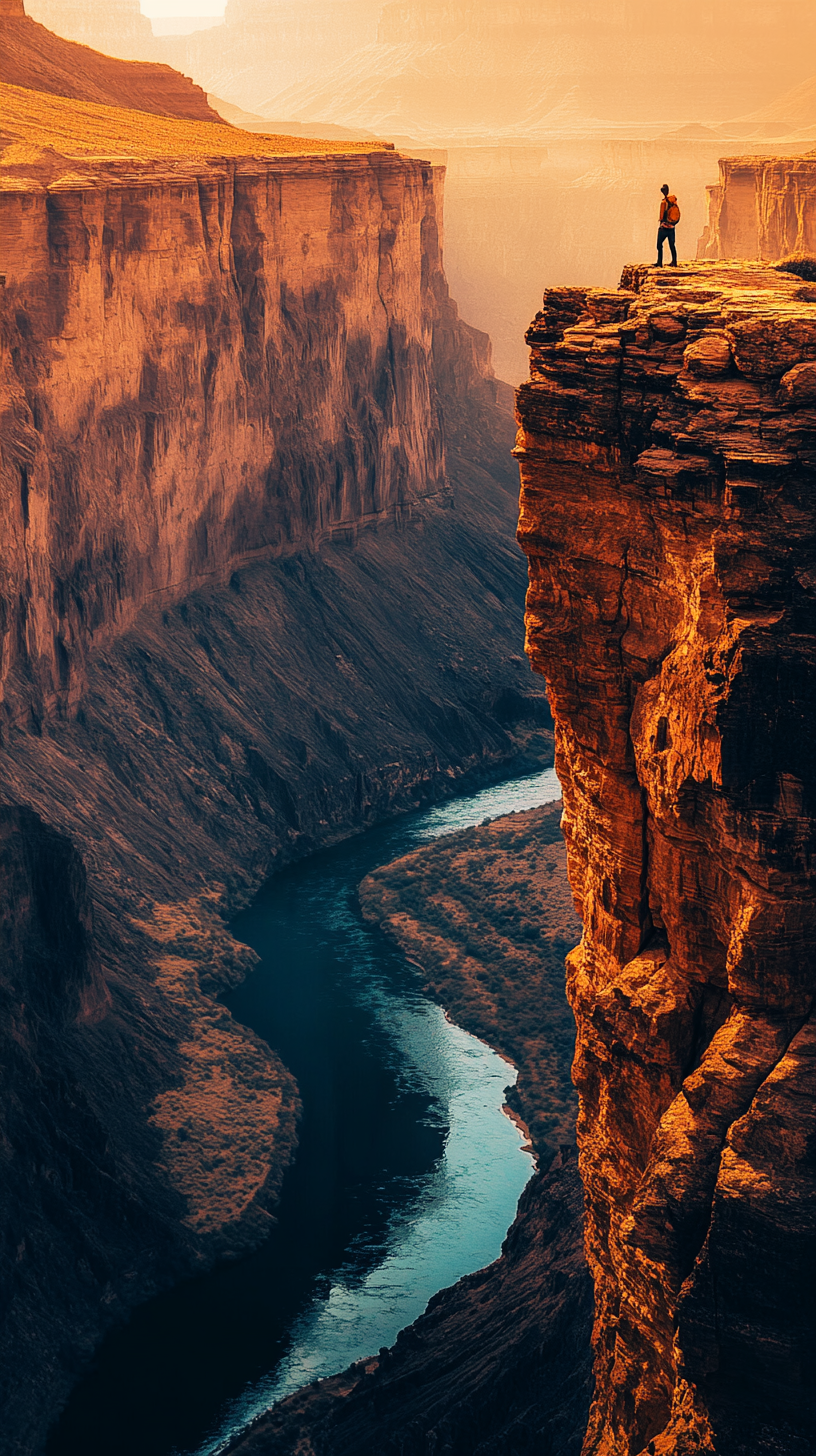 Adventurer standing at edge of stunning canyon, river below.