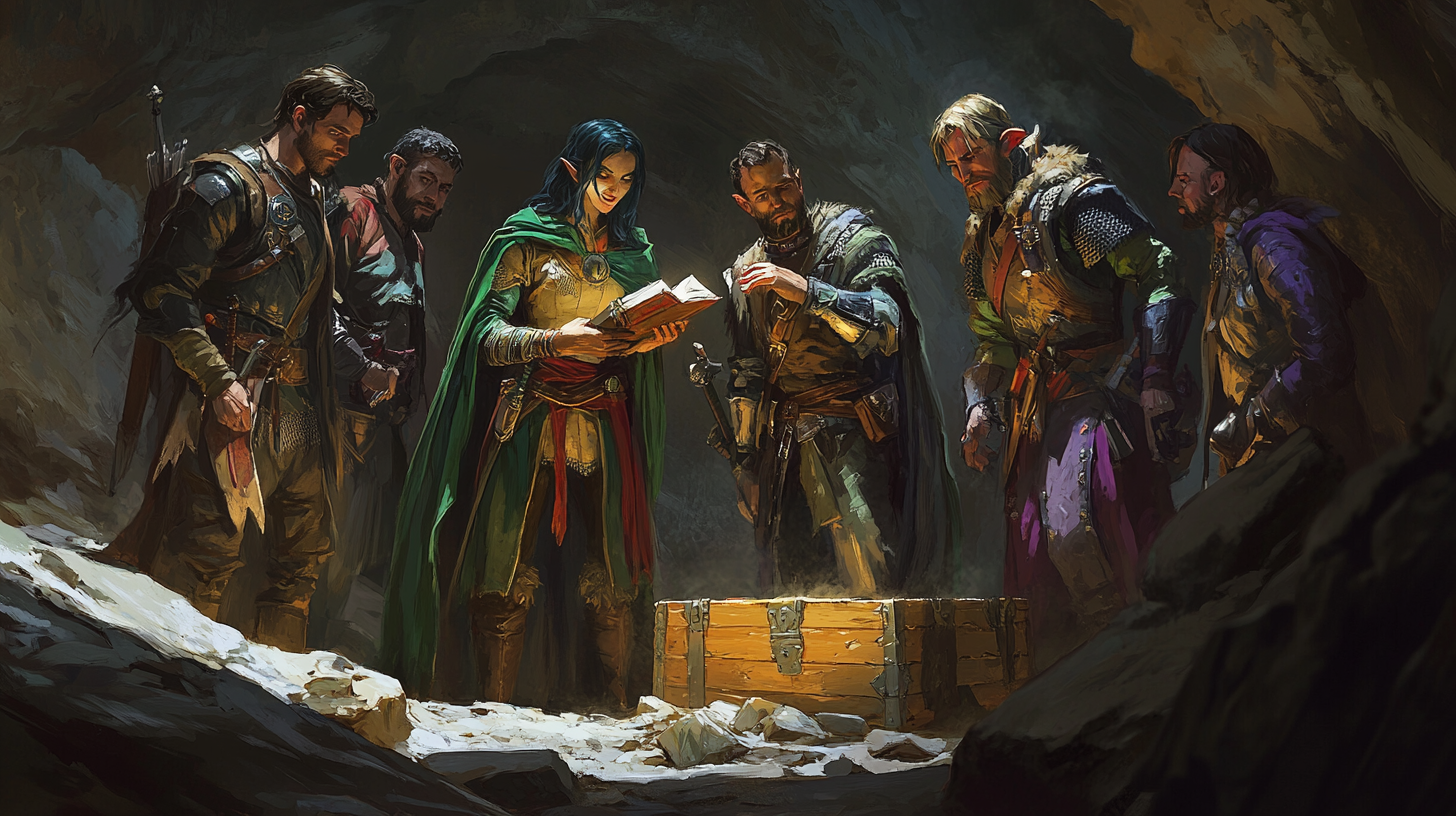 Adventurers in cave with broken chest, wizard holding tablet.