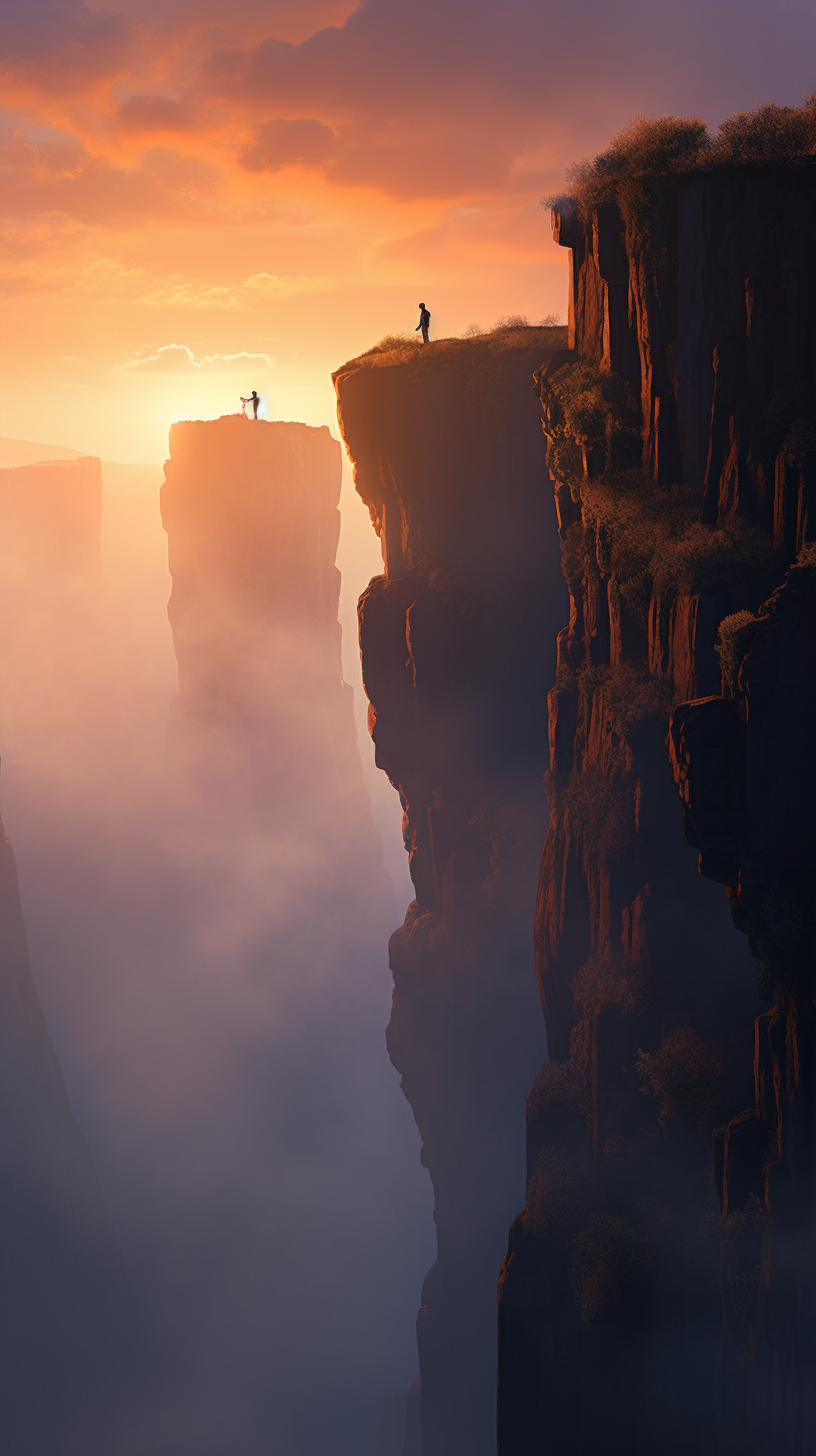 Adventurers in misty cliff sunset, awe-inspiring nature harmony.