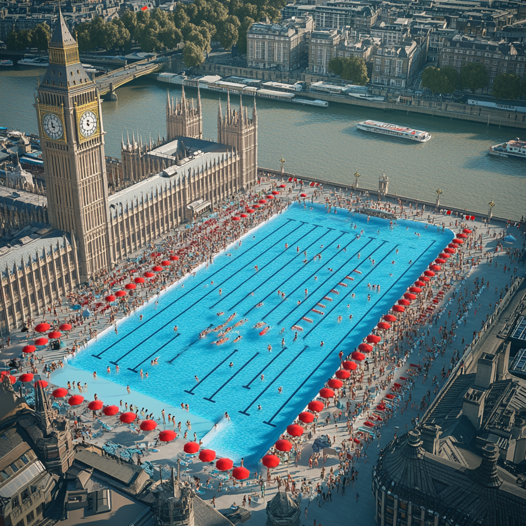 Aerial Party at Big Ben Pool, London UK