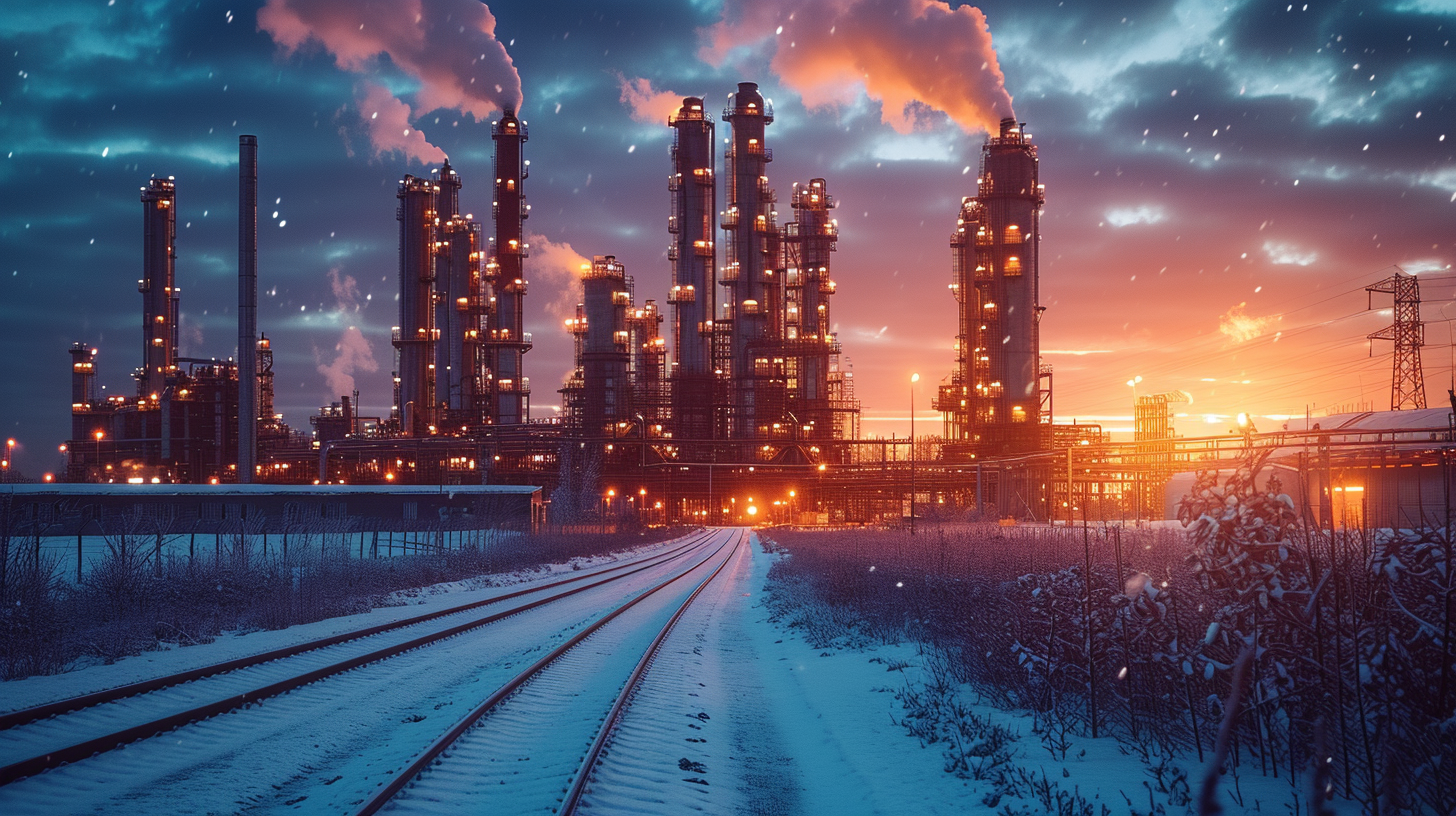 Aerial View of Enormous Chemical Plant on Snowy Sunset with Chinese Dragon