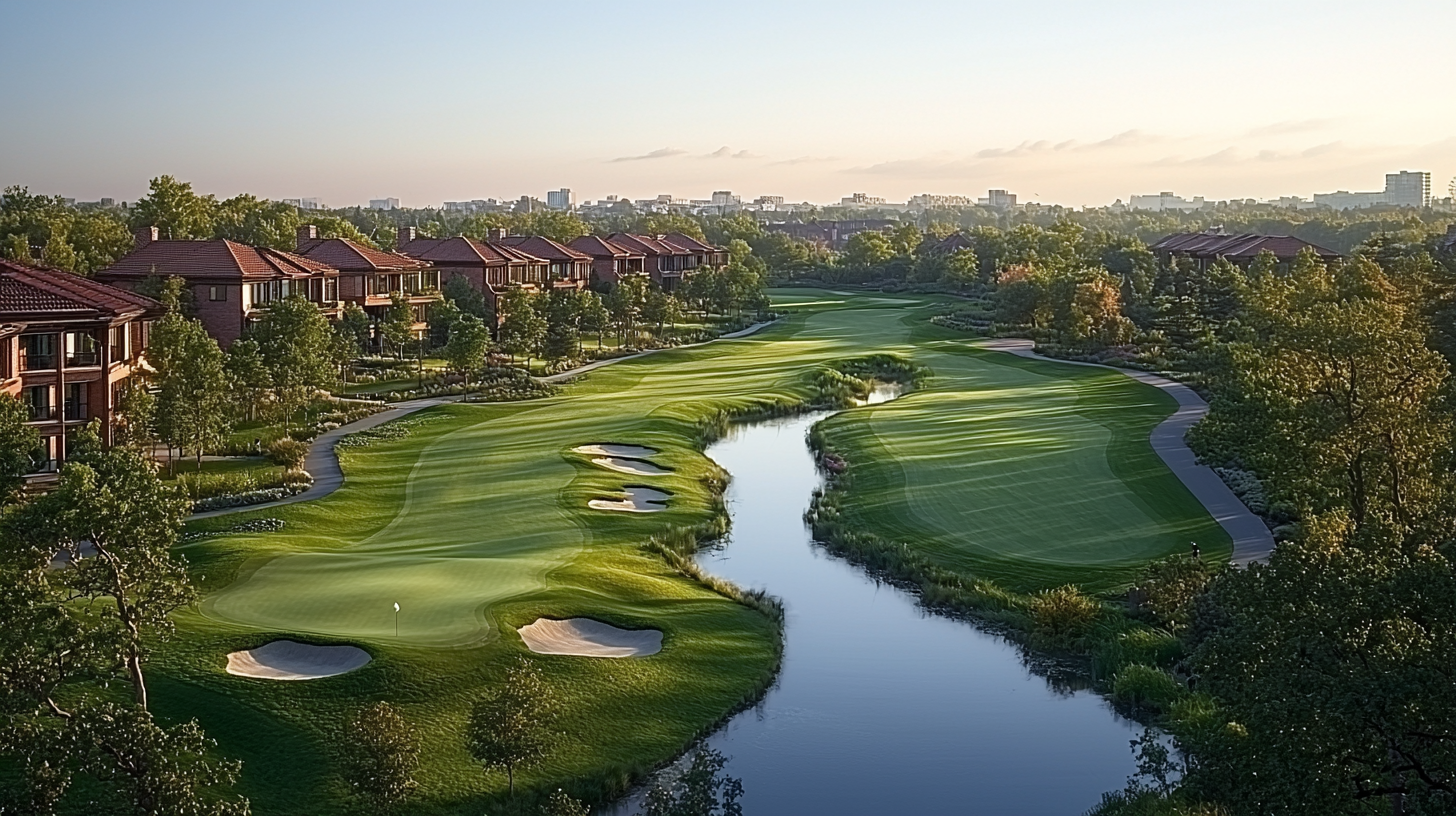 Aerial View of Golf Course and Buildings Nearby