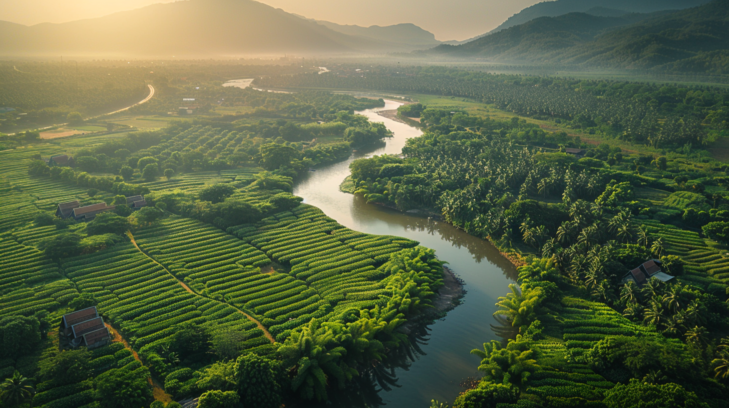 Aerial View of Kampot's Sunlit Pepper Plantations