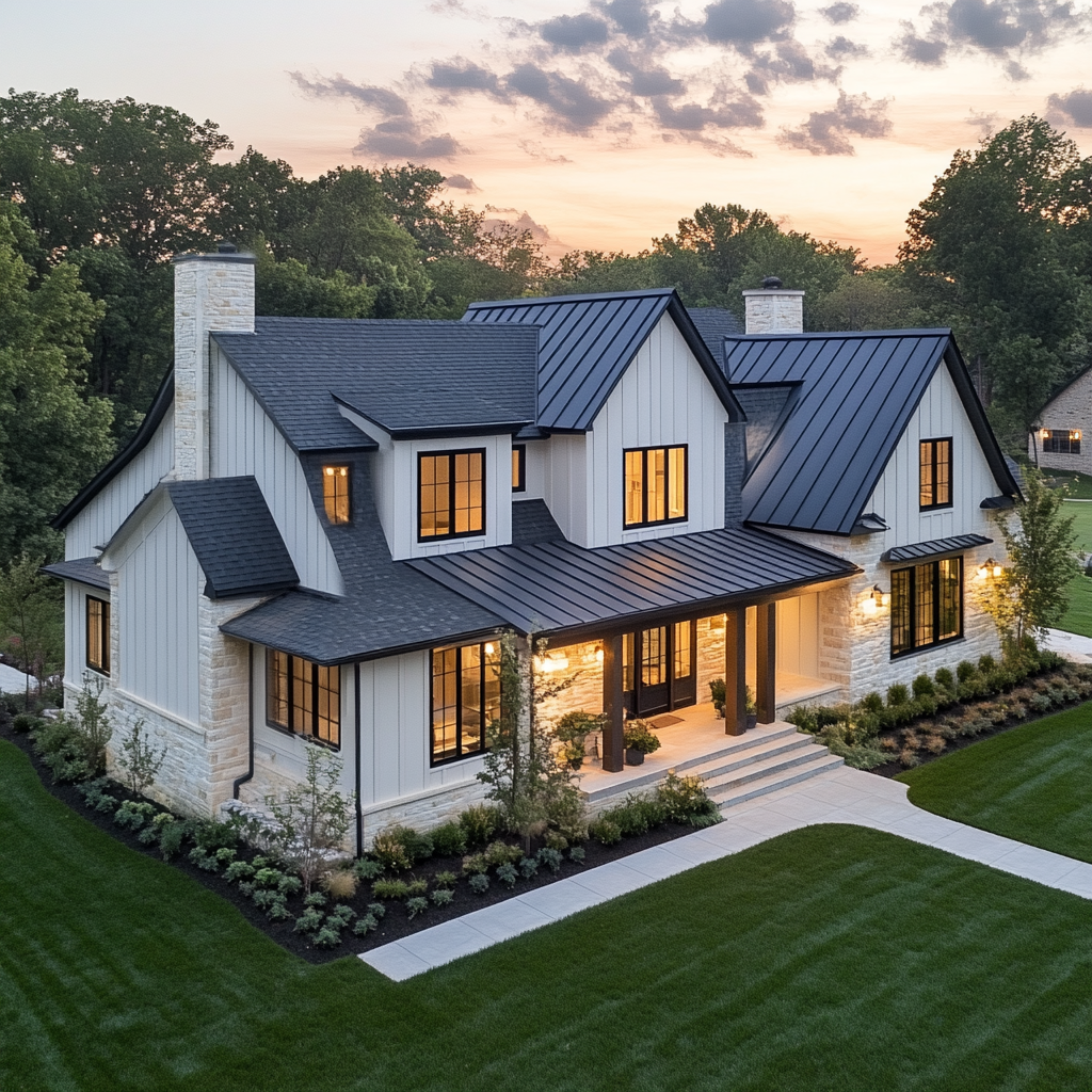 Aerial View of Modern Farmhouse with Mixed Siding