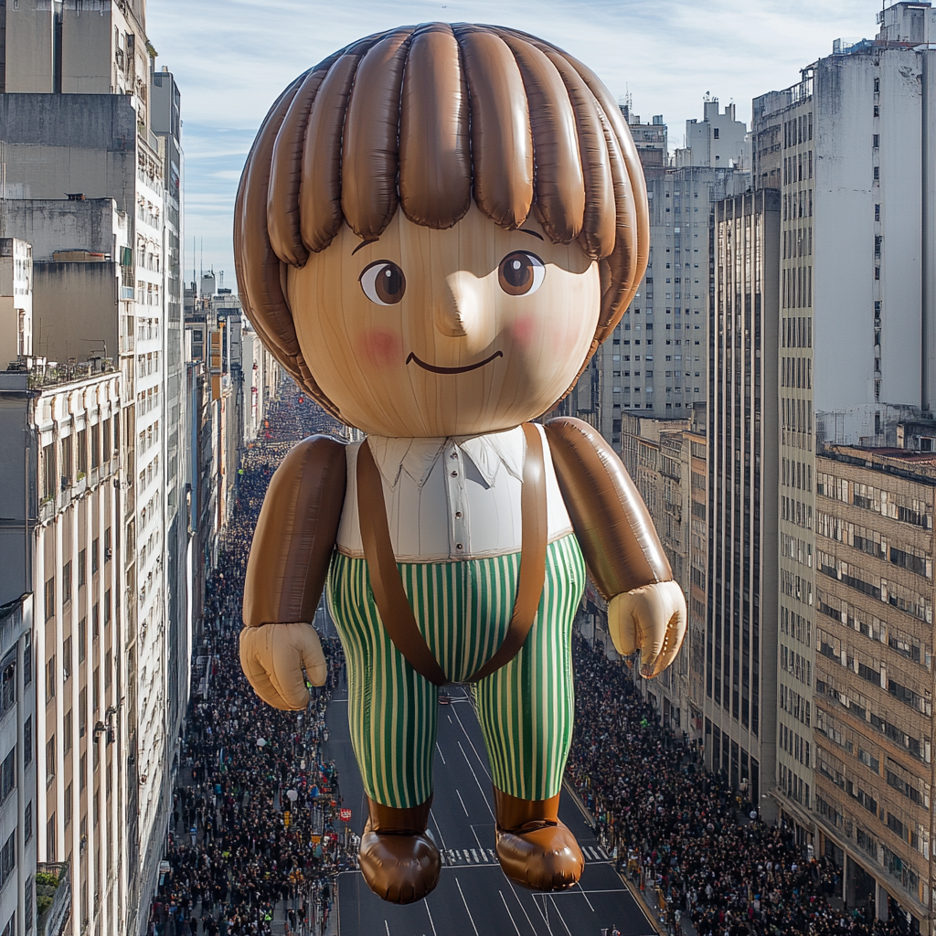 Aerial image of slim wooden doll balloon in parade.