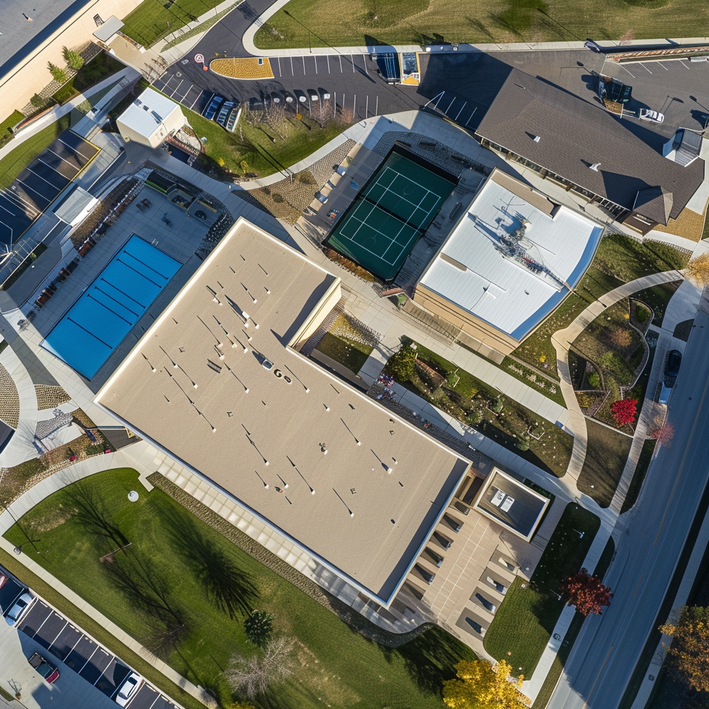 Aerial photo showing main gym, swimming pool, businesses.