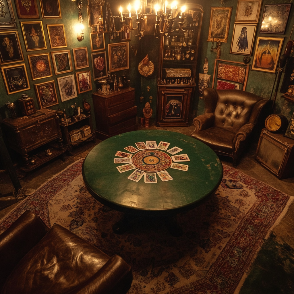 Aerial shot of small drawing room with mystical ornaments.