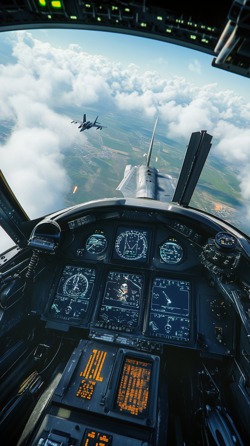 Aerial view from cockpit, tracking enemy F-15s below.