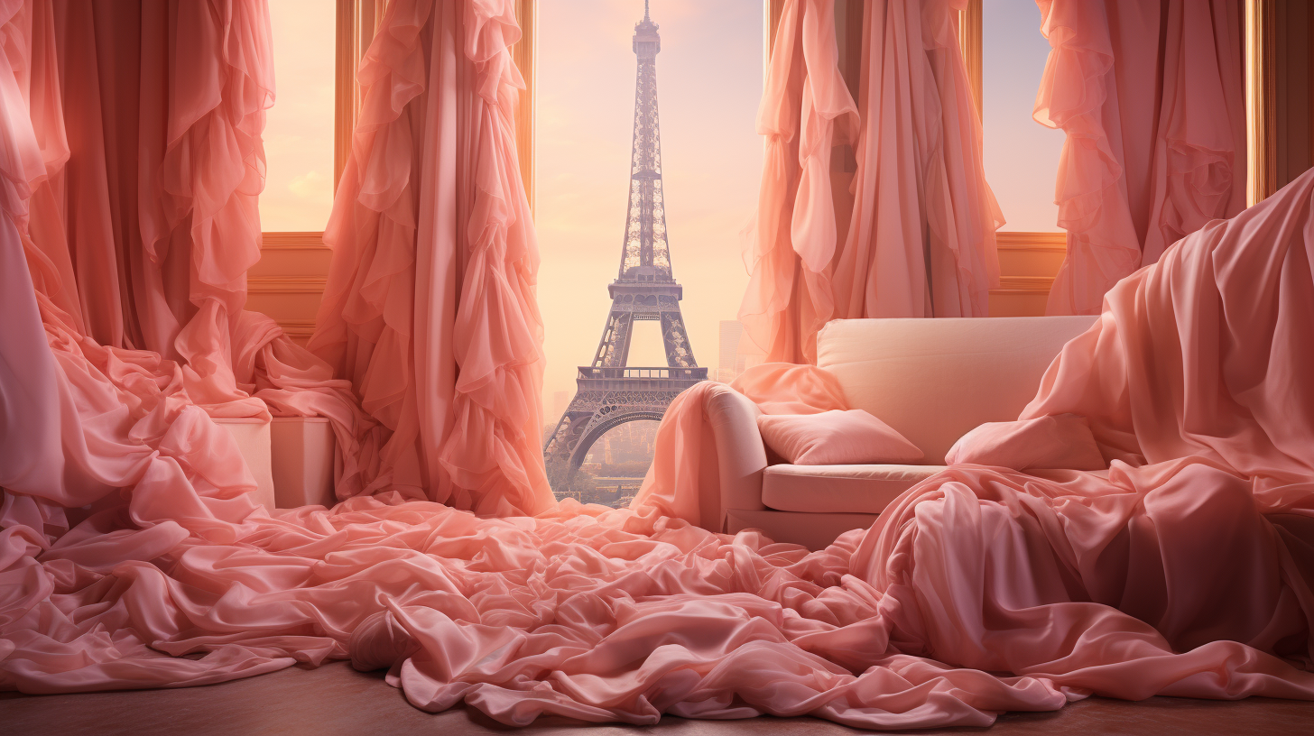 Aerial view of Eiffel Tower wrapped in pink fabric.