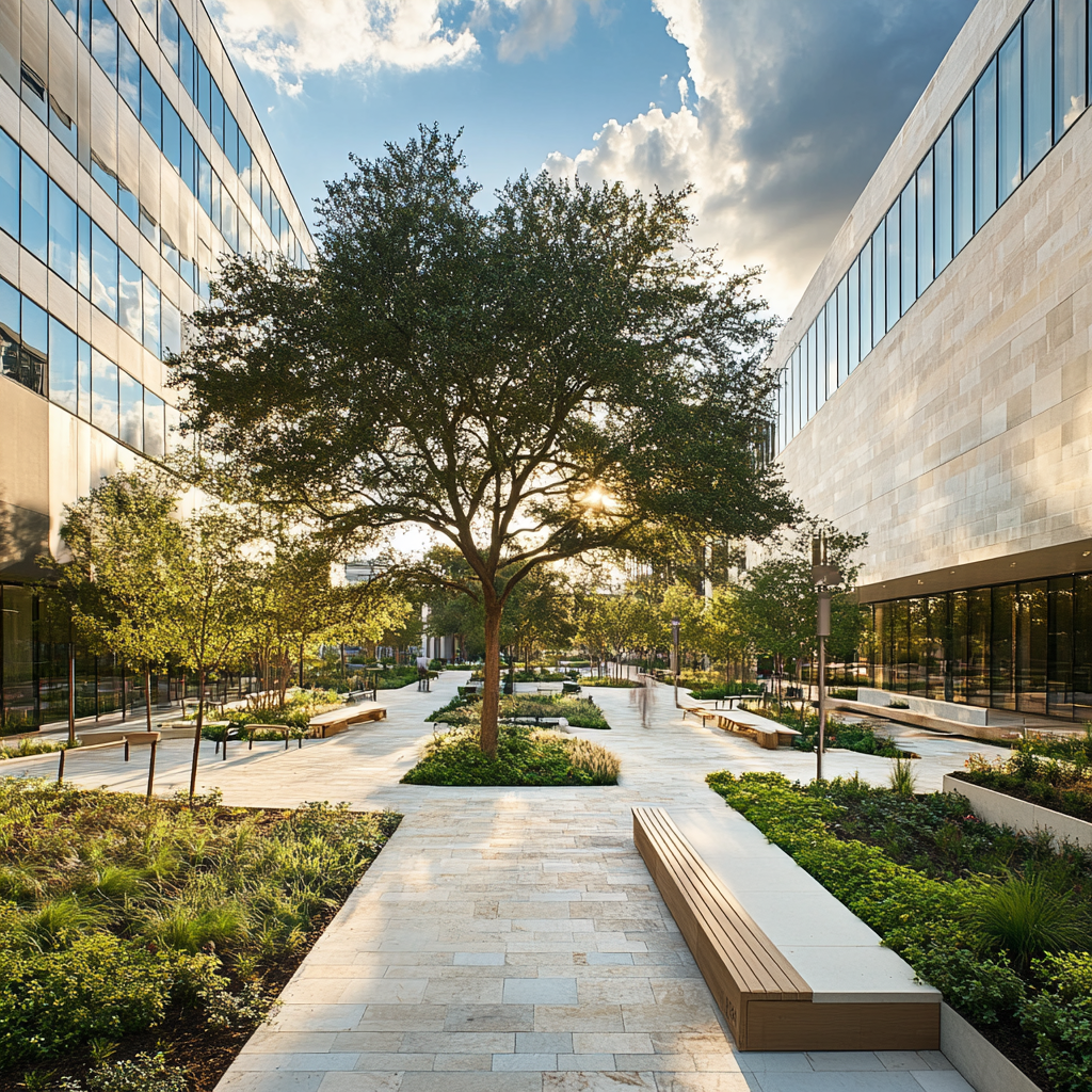 Aerial view of a modern downtown garden oasis