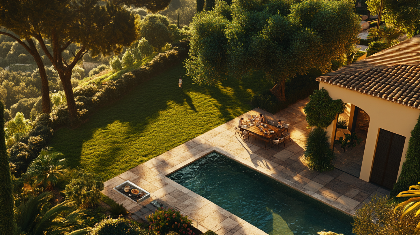 Aerial view of family breakfast by pool in Sicily.