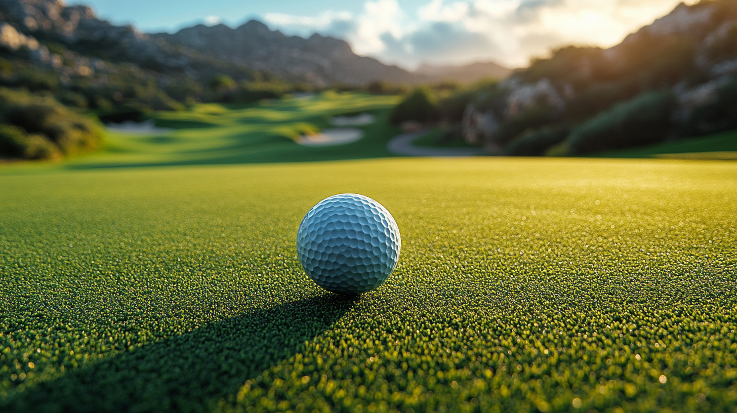 Aerial view of golf ball flying over course.