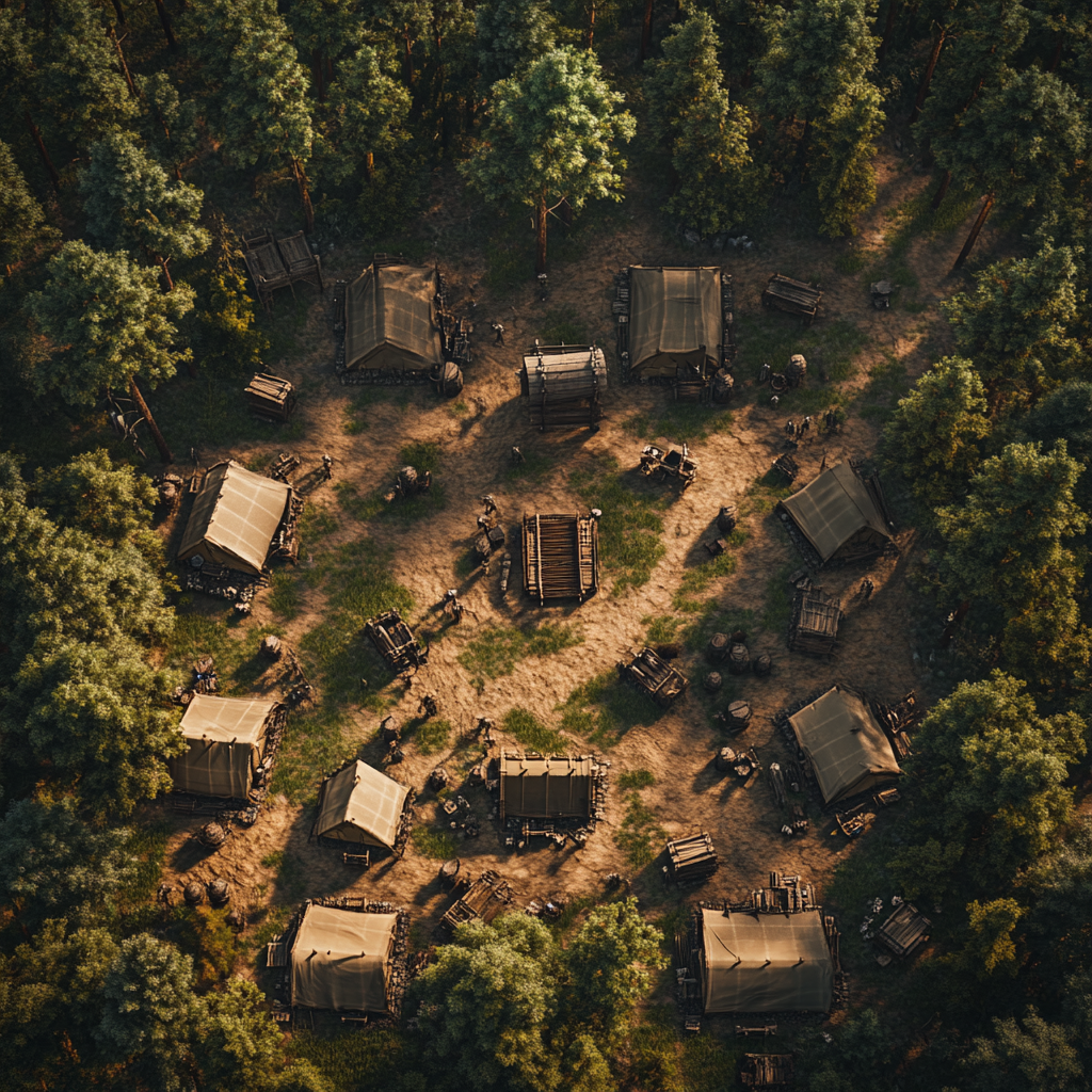 Aerial view of large medieval army camp