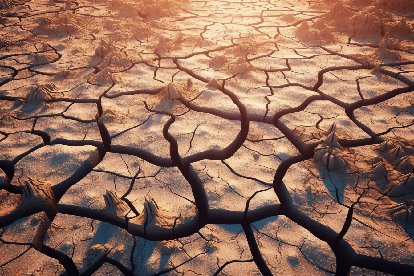 Aerial view of parched riverbed, cracked earth below.