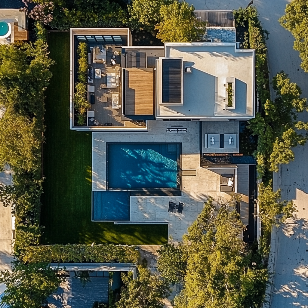 Aerial view of property with modern house, pool, guesthouse.