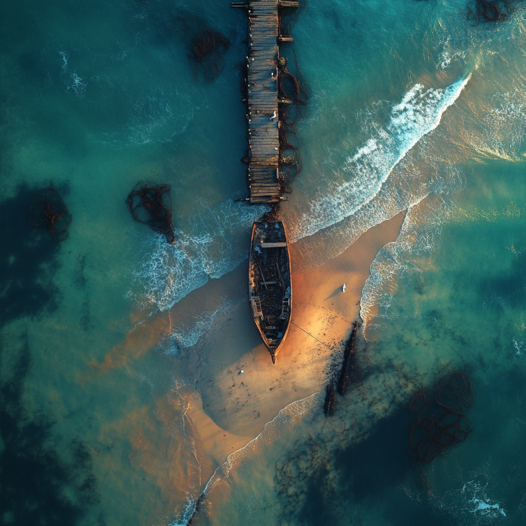 Aerial view of seashore with old boat and seagulls.