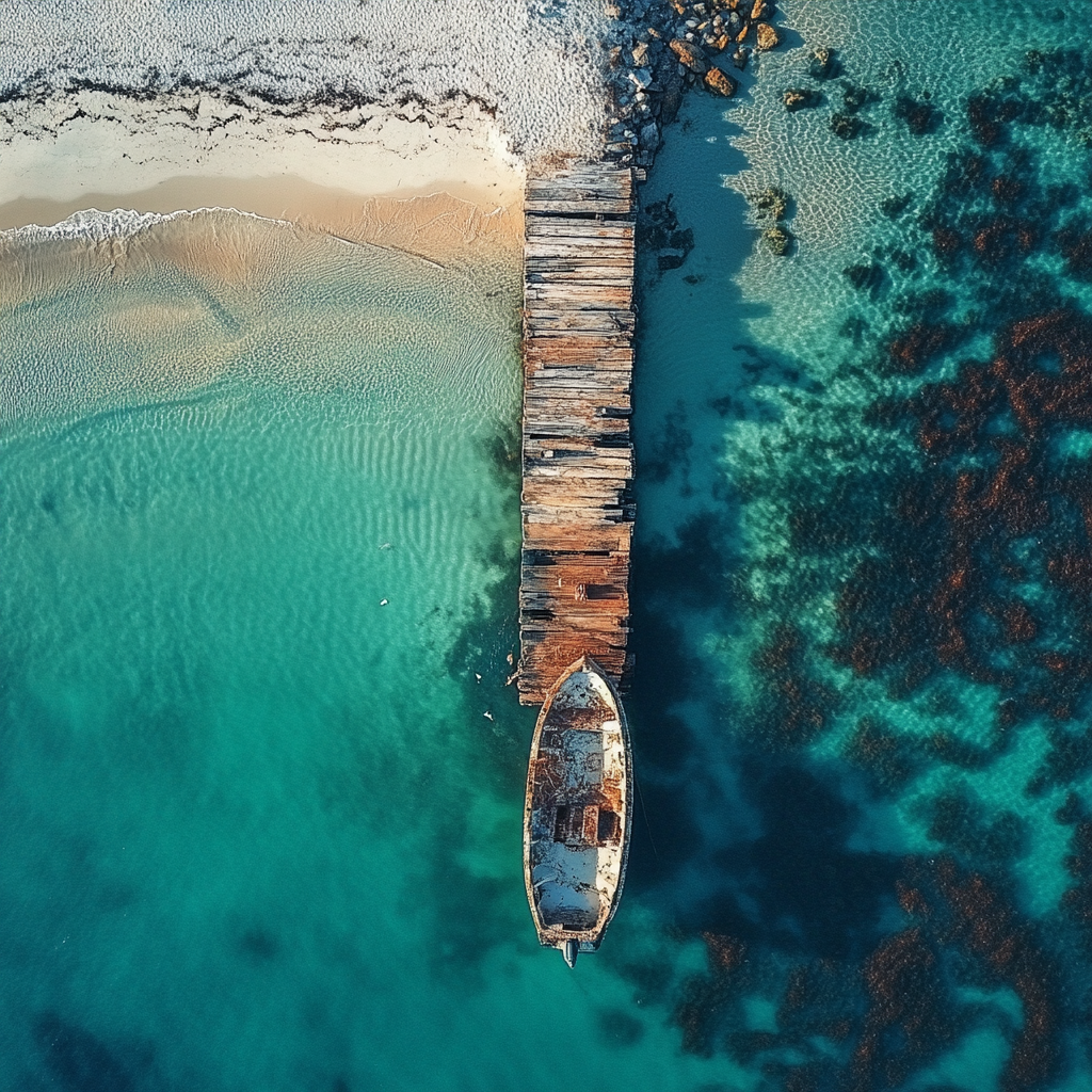 Aerial view of serene seashore and ruined pier.